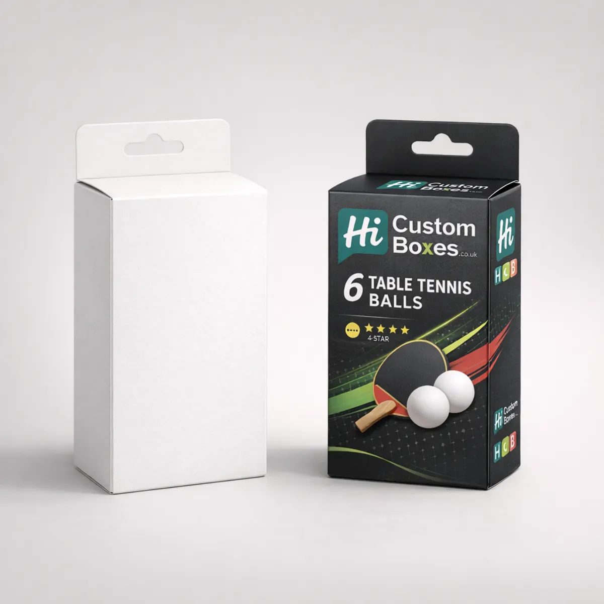 Two hanging retail boxes for table tennis balls, showing a blank white version and branded version. class=